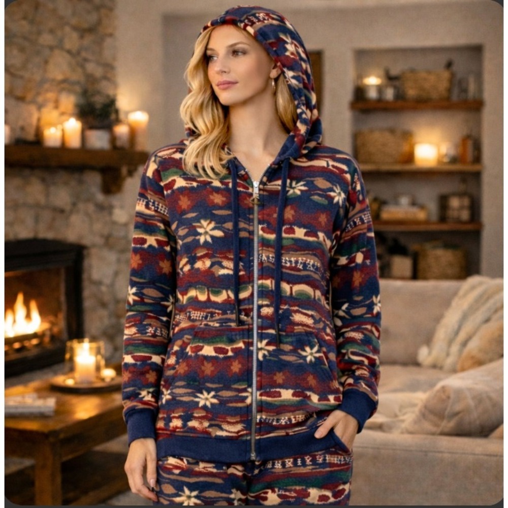 Savage Fenty X Jumpsuit Women Small Blue Red Fair Isle Hooded Full Zip Pajamas